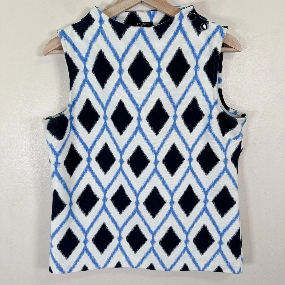 Talbots High Neck Button Shoulder Shell Diamond Print - Picture 5 of 16